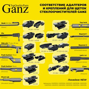 Щетка стеклоочистителя 430 мм бескаркасная 1 шт GANZ NEW GIS01030 (10 адаптеров)