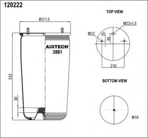 Пневморессора без стакана 881 MB 2шп.-M12 + 1 отвер.M22 под возд. BPW 3881P Airtech