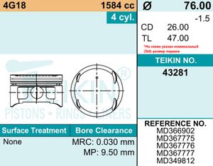 Поршня комплект на ДВС MITSUBISHI STD 4G18 1.8 43281STD Teikin