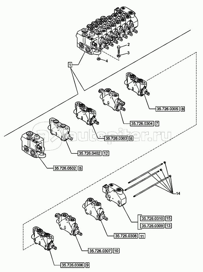 35.726.0403 BACKHOE CONTROL VALVE, 7 SPOOL, SIDE SHIFT, MECHANICAL, COMPONENTS (VAR.728727742702)