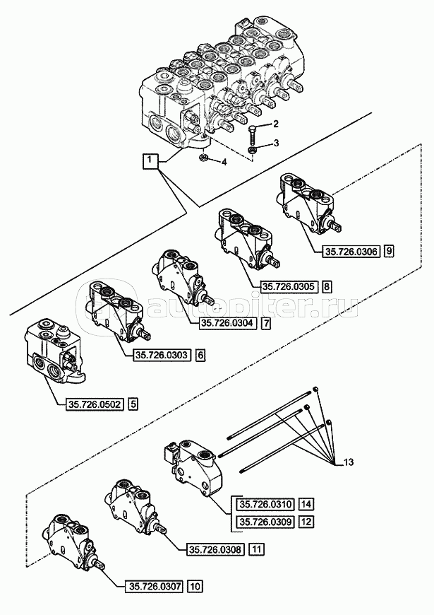 35.726.0501 BACKHOE CONTROL VALVE, 6 SPOOL, SIDE SHIFT, MECHANICAL, EU, COMPONENTS (VAR.742301)