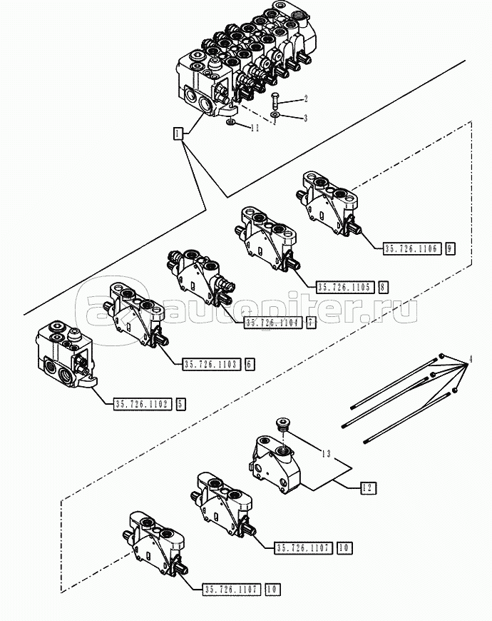 35.726.1101 BACKHOE CONTROL VALVE, 6 SPOOL, CENTER PIVOT, W/ PILOT CONTROLS (VAR.742331)