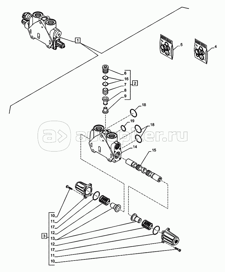 35.726.1107 BACKHOE CONTROL VALVE, 6, 7 SECTIONS, STABILIZER SECTION (VAR.742331742333742335)