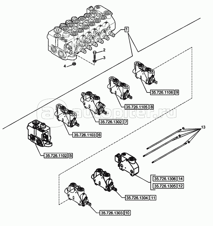 35.726.1301 BACKHOE CONTROL VALVE, 6 SPOOL, SIDE SHIFT, PILOT CONTROLS, COMPONENTS (VAR.742332)