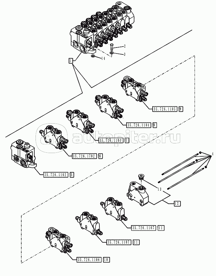 35.726.1701 BACKHOE CONTROL VALVE, 7 SPOOL, CENTER PIVOT, PILOT CONTROLS, COMPONENTS (VAR.742333742335)