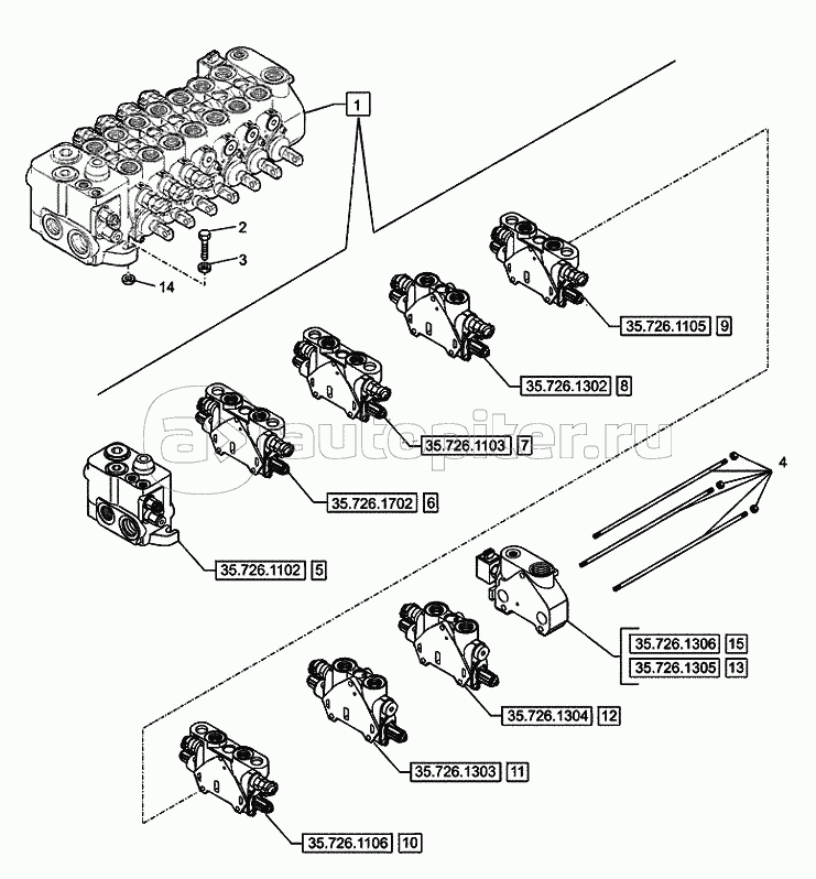 35.726.2001 BACKHOE CONTROL VALVE, 7 SPOOL, SIDE SHIFT, COMPONENTS (VAR.742334742336)