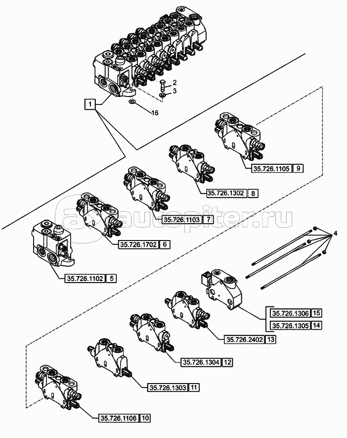 35.726.2401 BACKHOE CONTROL VALVE, 8 SPOOL, SIDE SHIFT, COMPONENTS (VAR.742341)