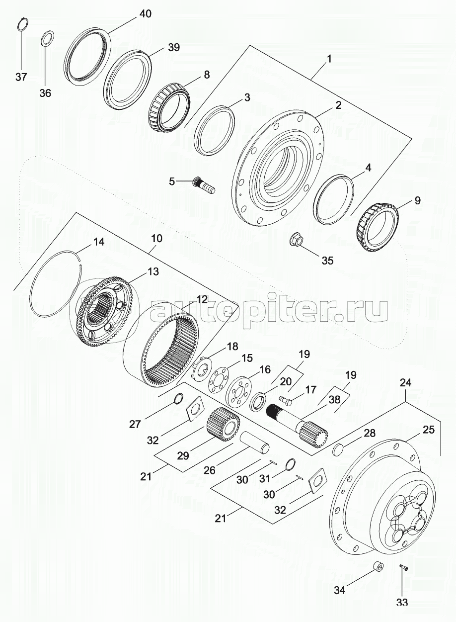 FRONT AXLE PLANETARIES AND HUB - MFD, 10 BOLT HUB