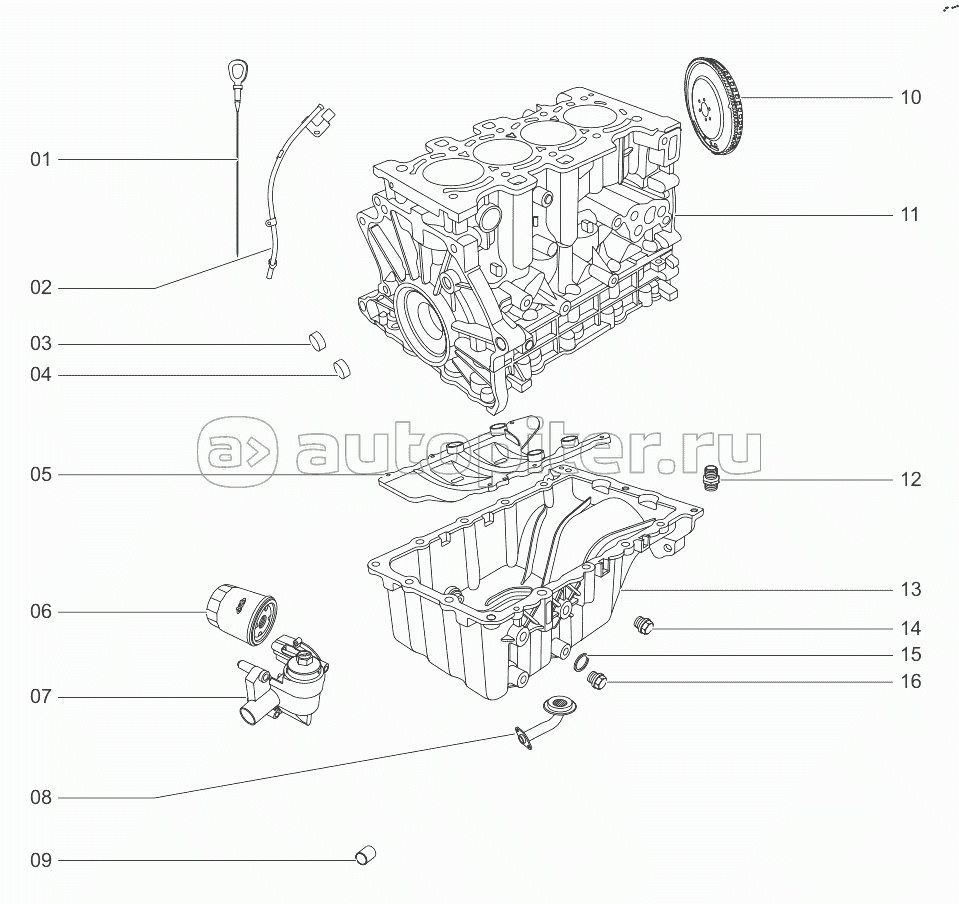 Cylinder block, oil pump, flywheel (E4T15C)