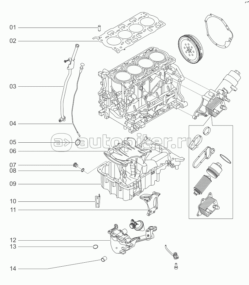 Cylinder block, oil pump, flywheel (F4J16)