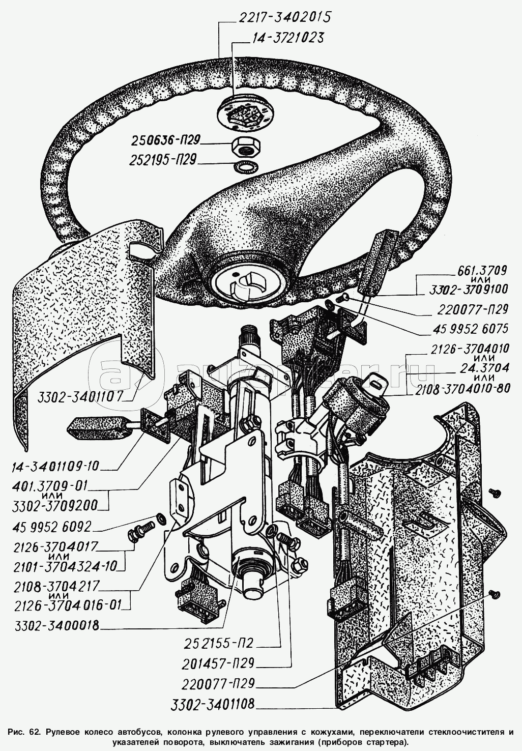 Рулевое колесо автобусов, колонка рулевого управления с кожухами, переключатели стеклоочистителя и указателей поворота, выключатель зажигания (приборов и стартера)
