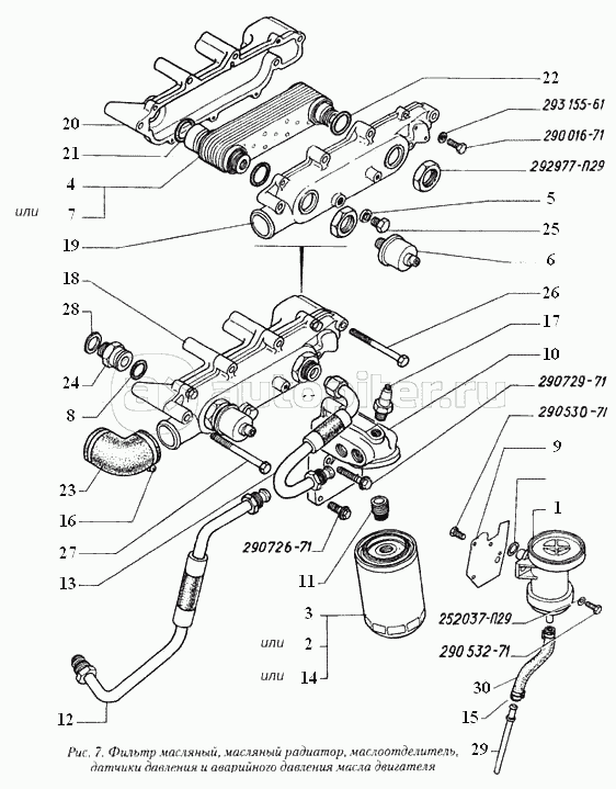 Фильтр масляный, масляный радиатор, маслоотделитель, датчики давления и аварийного давления масла двигателя