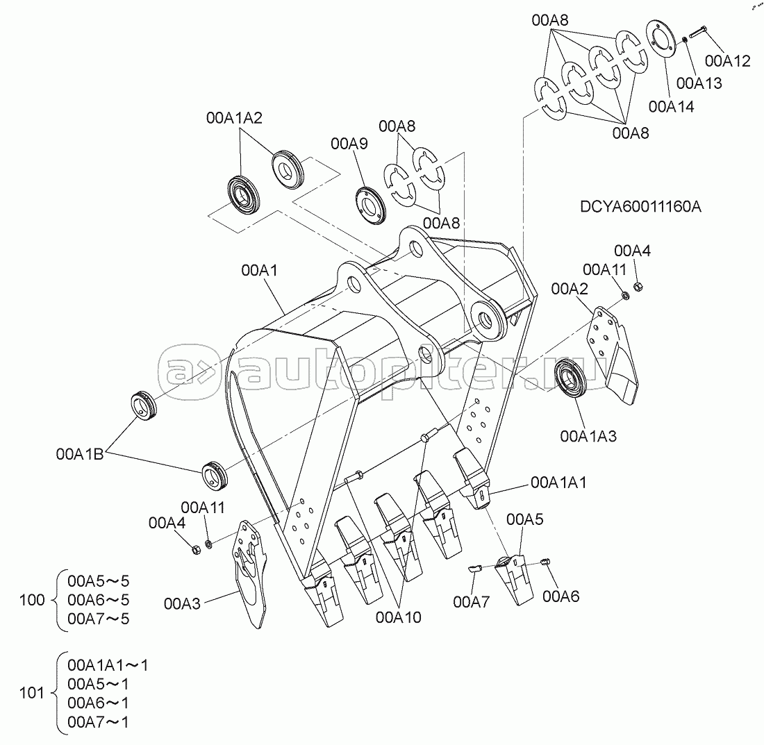 BUCKET 0.91m3 (JIS 94)(REINFORCEMENT), S/N: WW:300001-