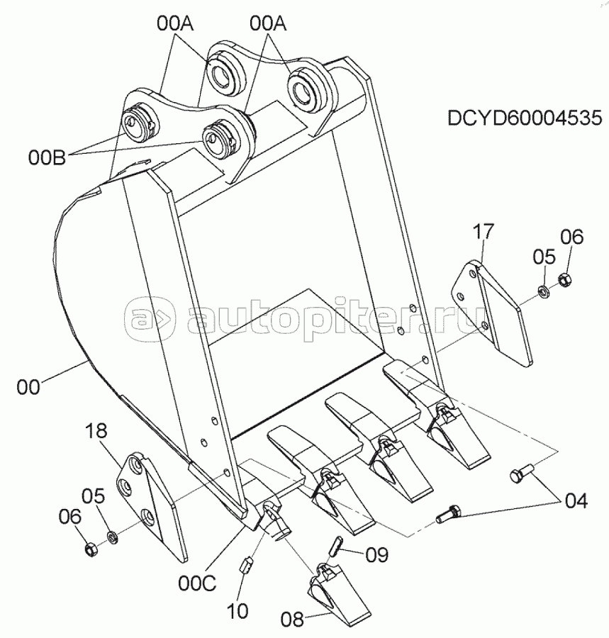 BUCKET 0.13m3 (JIS 94)(600mm WIDE WITH SIDE-CUTTER), S/N: 030002-