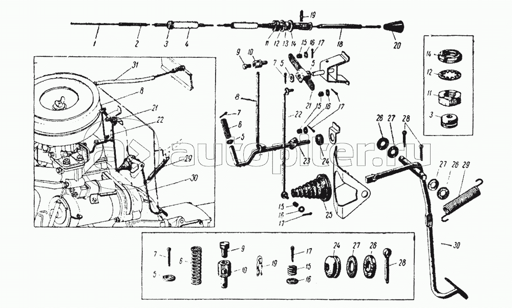 Привод управления дроссельной и воздушной заслонкой карбюратора для автомобиля с левым расположением рулевой колонки