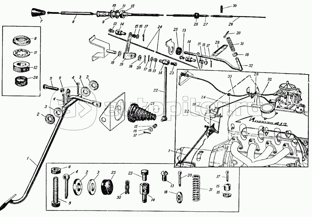 Привод управления дроссельной и воздушной заслонкой карбюратора для автомобиля с правым расположением рулевой колонки