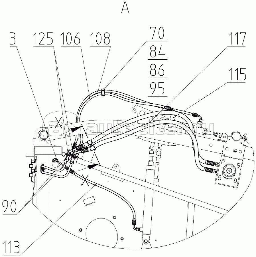 Гидрооборудование жатки (081.27.09.860-03), Иллюстрация действительна для техники, произведенной с 20091001
