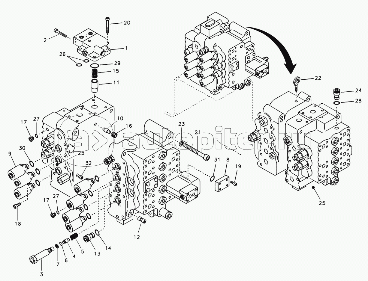 Main control valve, relief valve and boom support