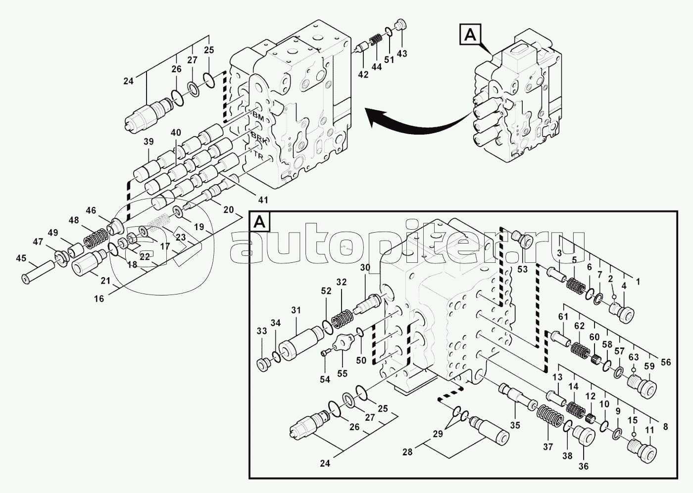 Main control valve, boom and bucket and right shift