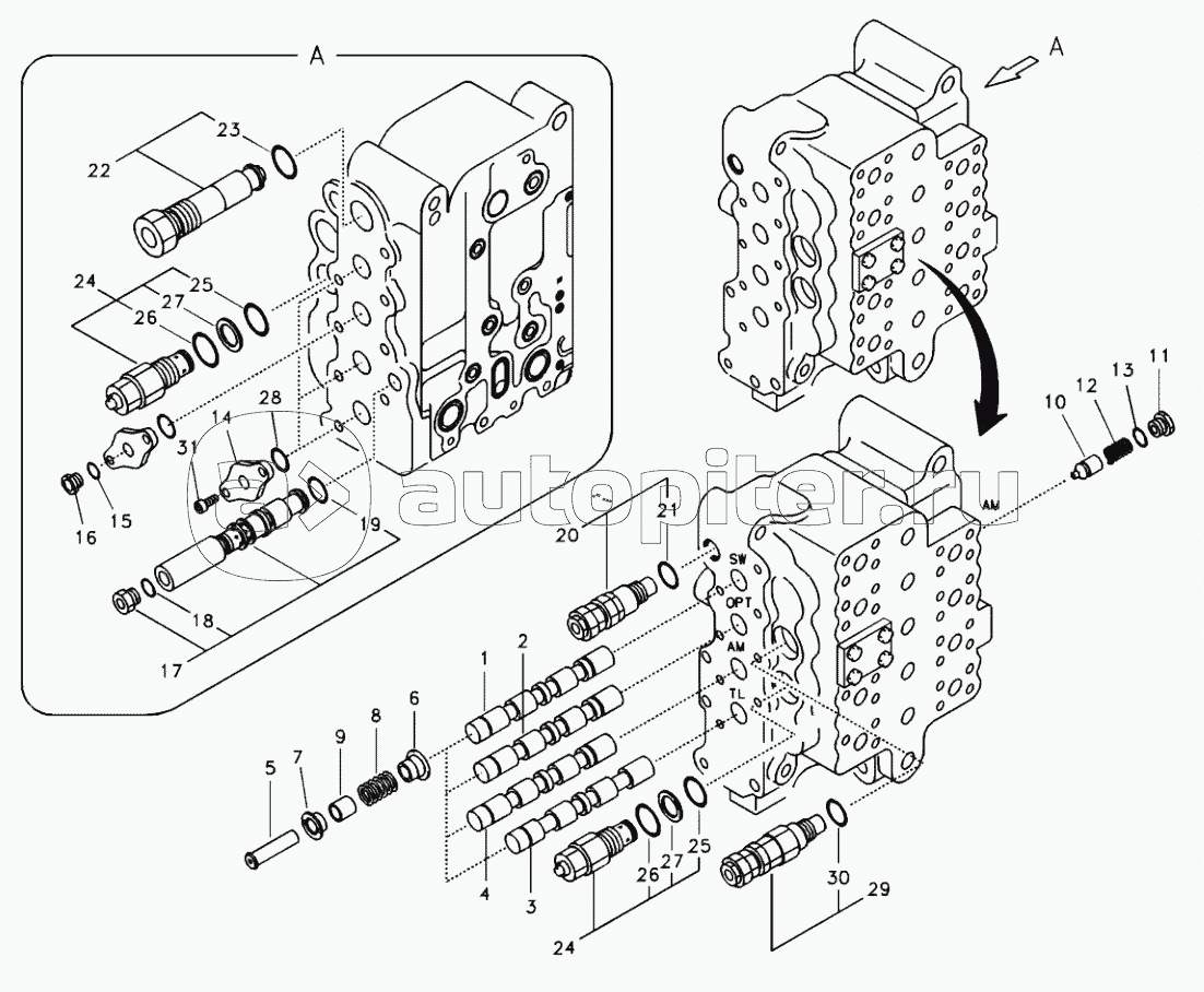 Main control valve, swivel and optional and arm and left shift