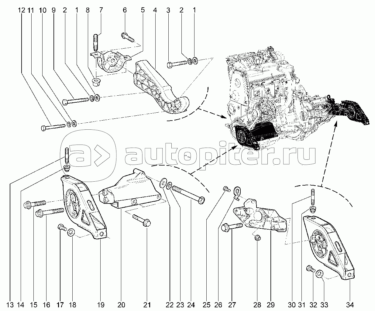 Подвеска двигателя (авто.с механической КПП, без КУ)