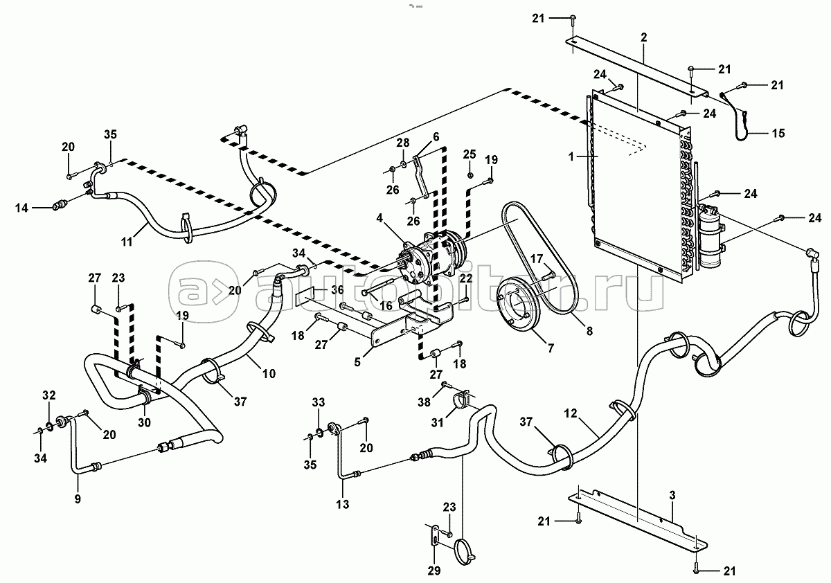 11895388 Assembly hoses: Evaparator, receiver drier, condenser.
